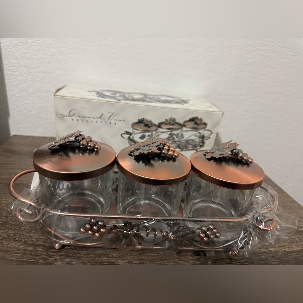 Vintage Glass Containers With Metal Lids & Tray (NWT)